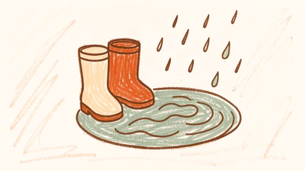 A child's crayon drawing of a pair of small rain boots standing beside a puddle with ripples, under falling rain
