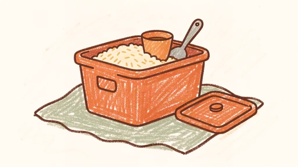 A child's crayon drawing of a big plastic box filled with rice and measuring cups on a towel on a living room floor