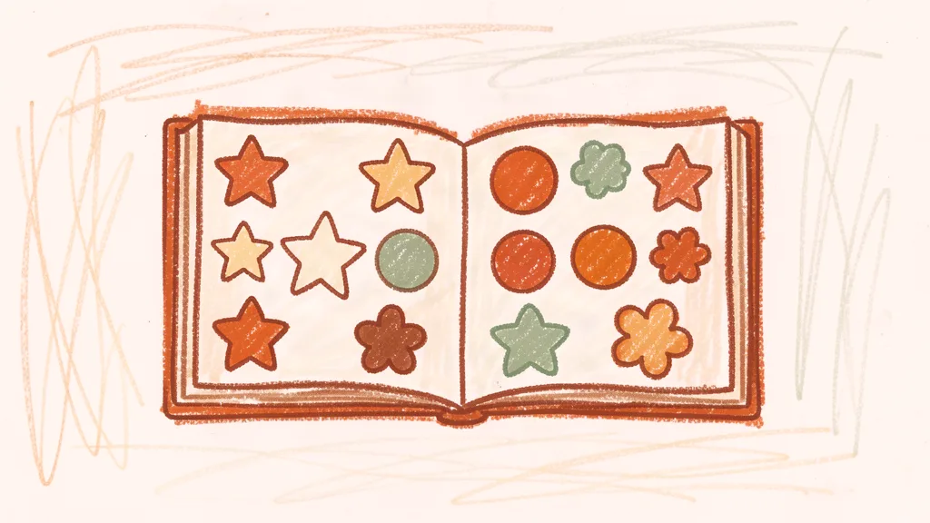 A child's crayon drawing of an open sticker book with colorful star stickers on its pages